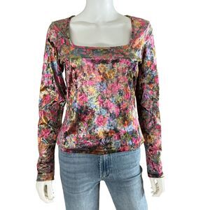Natural Life Danielle Square Neck Crushed Velvet Top M BOHO Multicolor Floral
